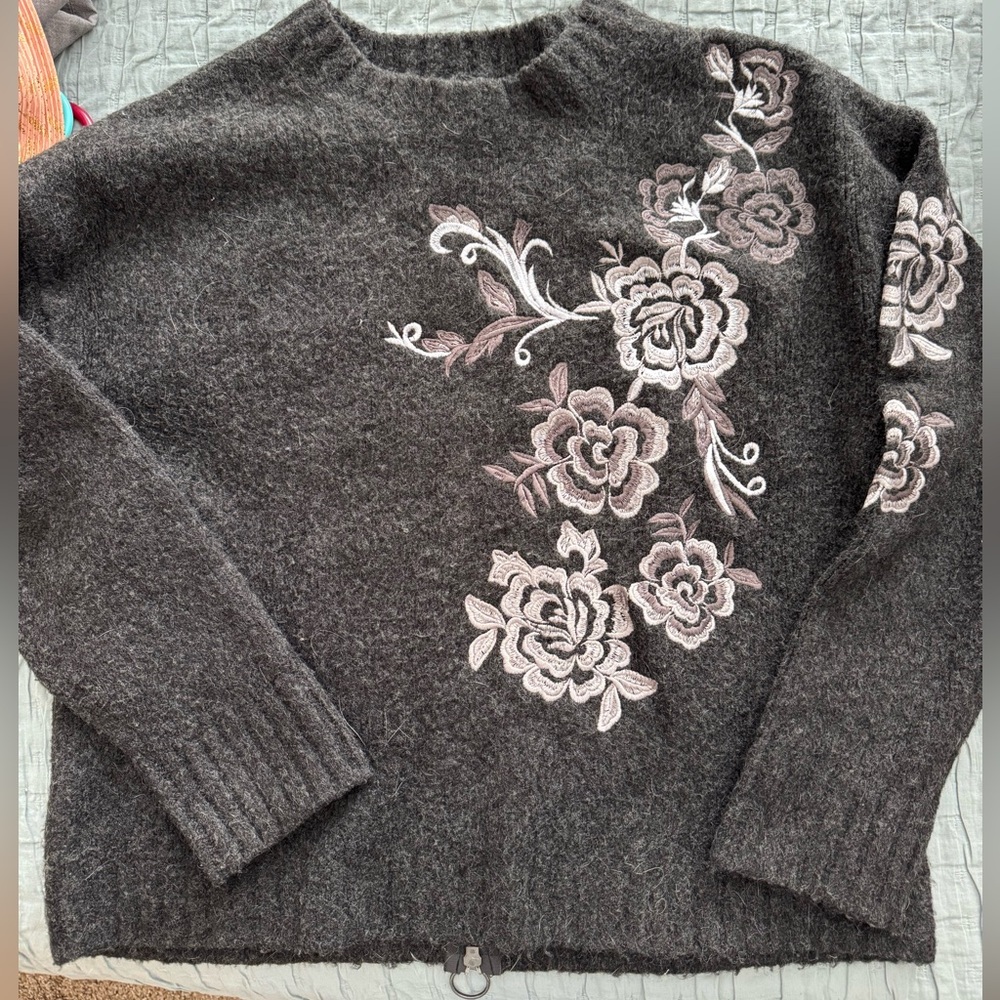 Blank NYC Charcoal Floral Embroidered Sweater
